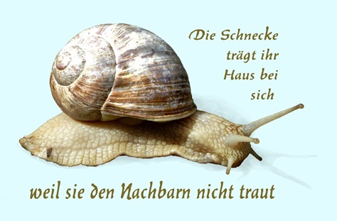 Die Schnecke trägt ihr Haus bei sich, weil sie den Nachbarn nicht traut.